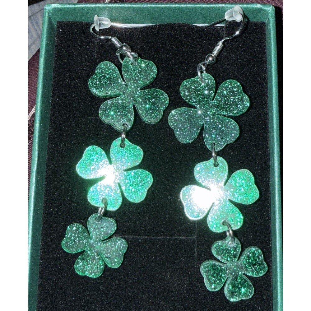 Green Glitter Clover Shamrock Dangle Drop Hook Earrings Plastic Luck Theme